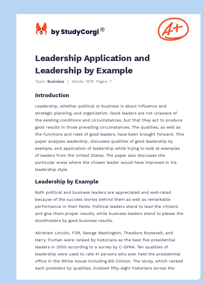 Leadership Application and Leadership by Example. Page 1