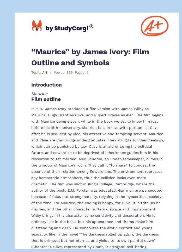 “Maurice” by James Ivory: Film Outline and Symbols. Page 1