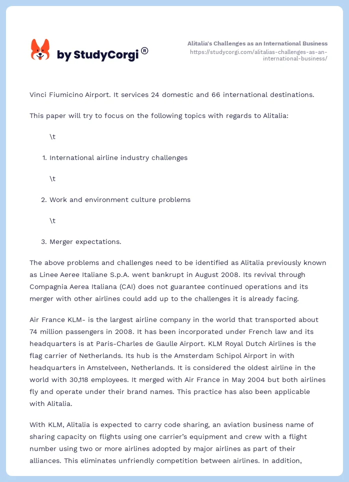 Alitalia's Challenges as an International Business. Page 2