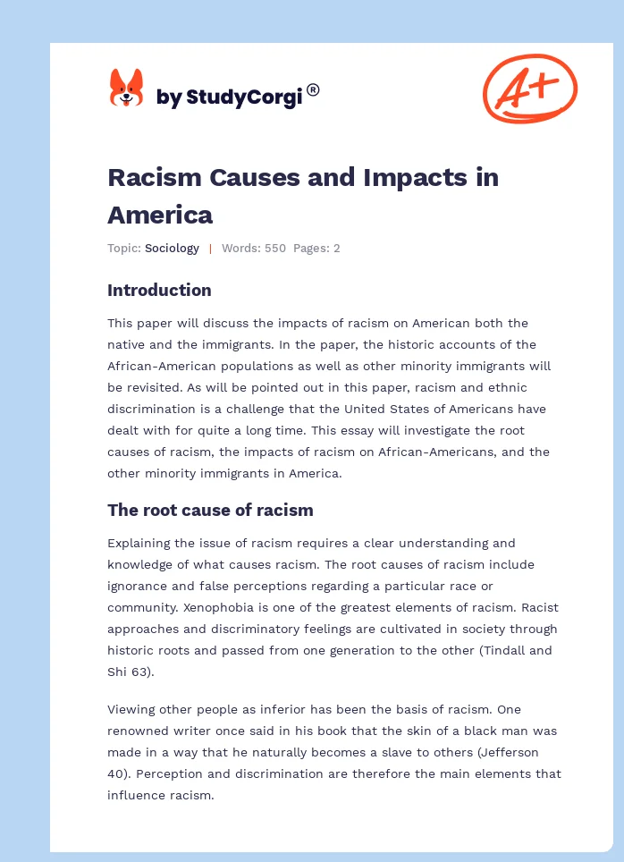 Racism Causes and Impacts in America. Page 1