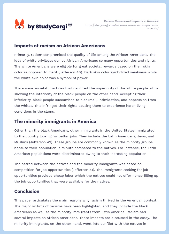 Racism Causes and Impacts in America. Page 2