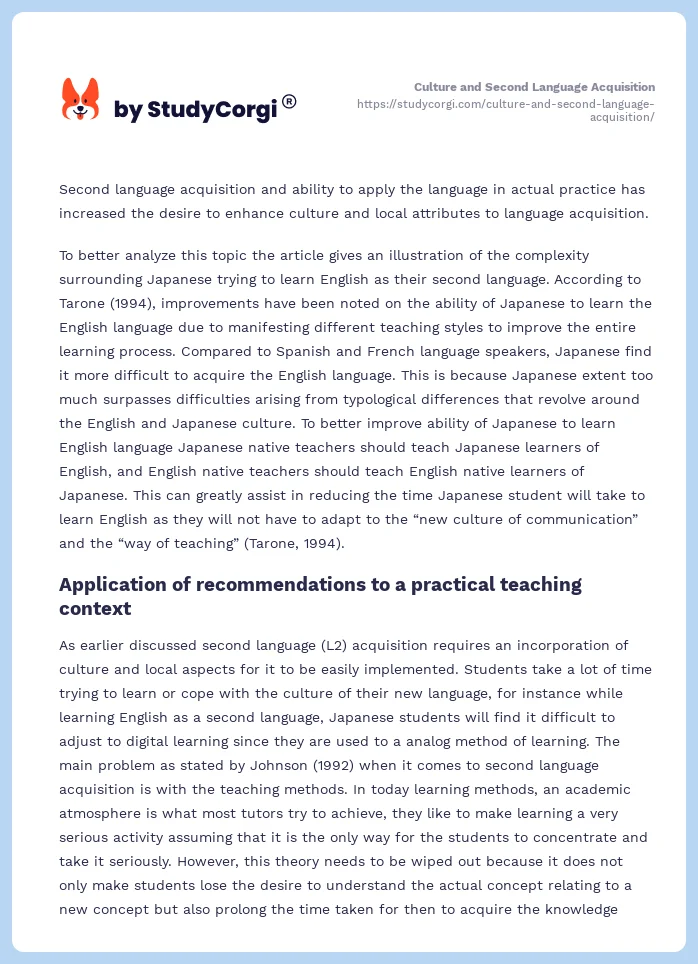 Culture and Second Language Acquisition. Page 2