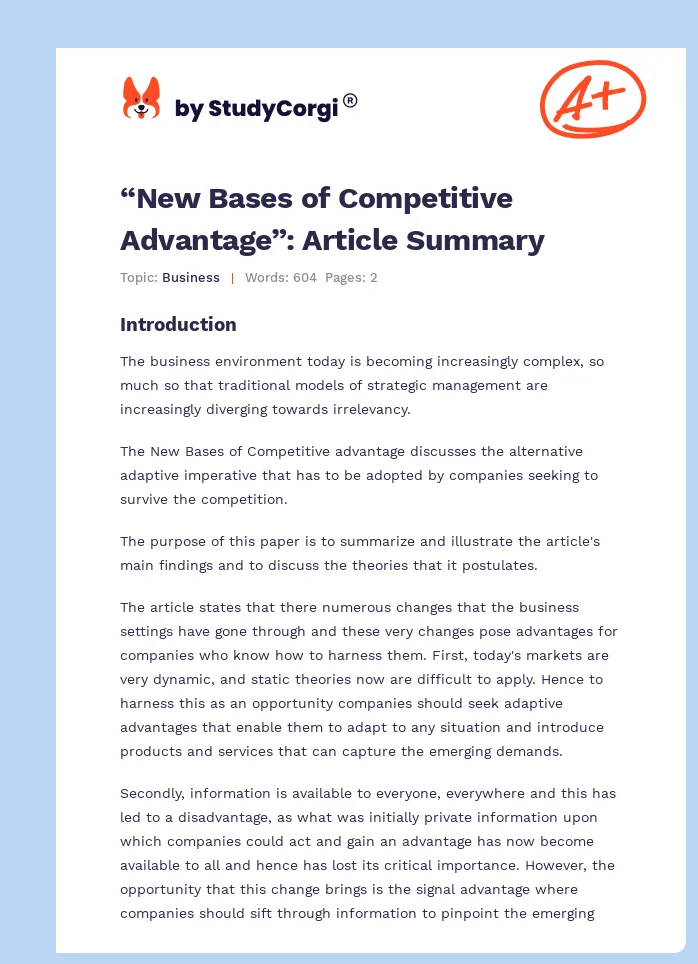 “New Bases of Competitive Advantage”: Article Summary. Page 1