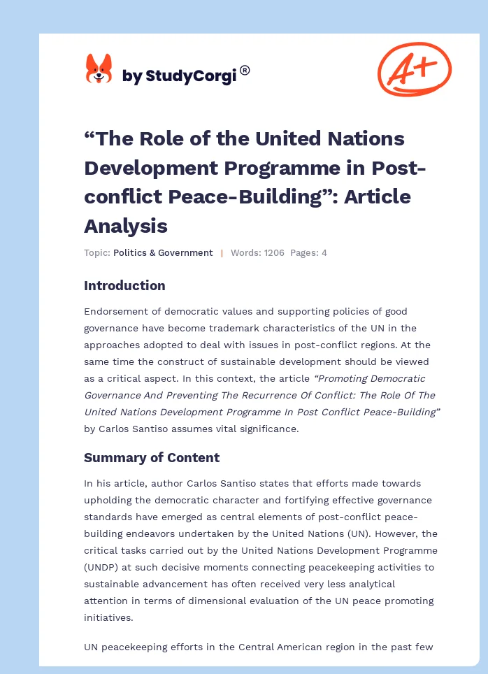 “The Role of the United Nations Development Programme in Post-conflict Peace-Building”: Article Analysis. Page 1