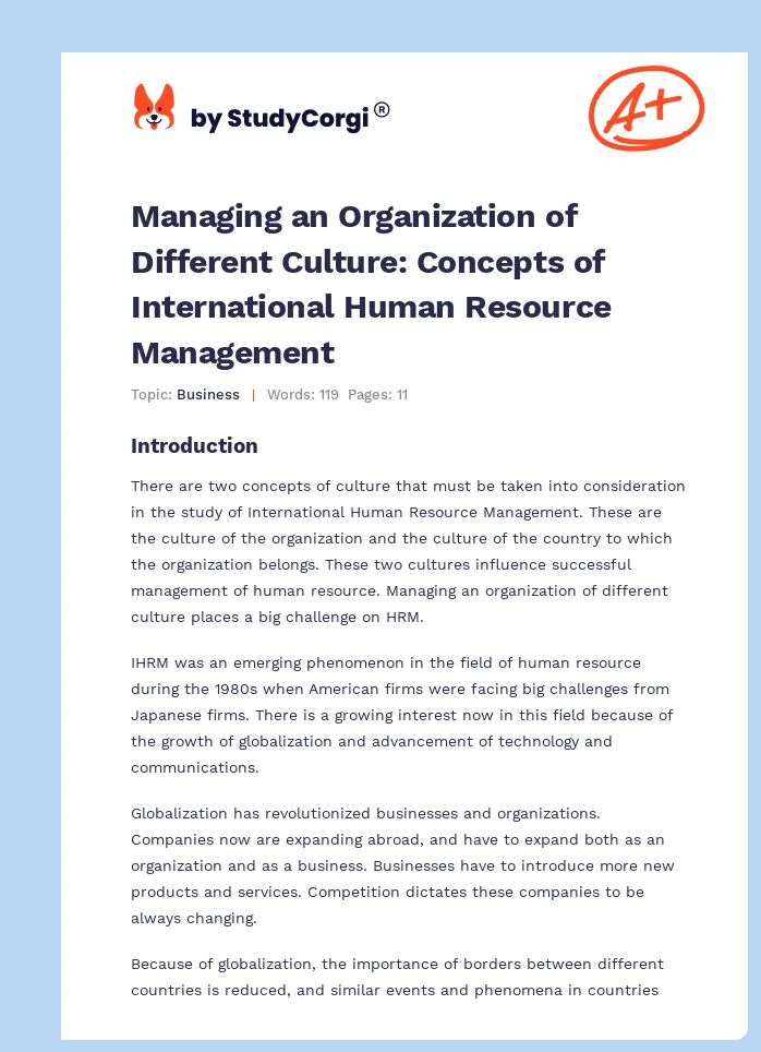 Managing an Organization of Different Culture: Concepts of International Human Resource Management. Page 1