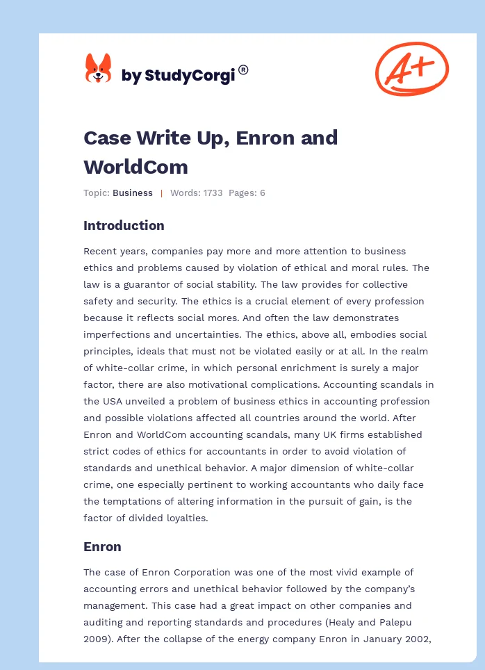 Case Write Up, Enron and WorldCom. Page 1