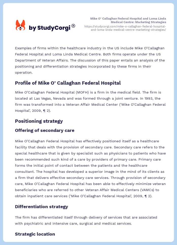 Mike O’ Callaghan Federal Hospital and Loma Linda Medical Centre: Marketing Strategies. Page 2