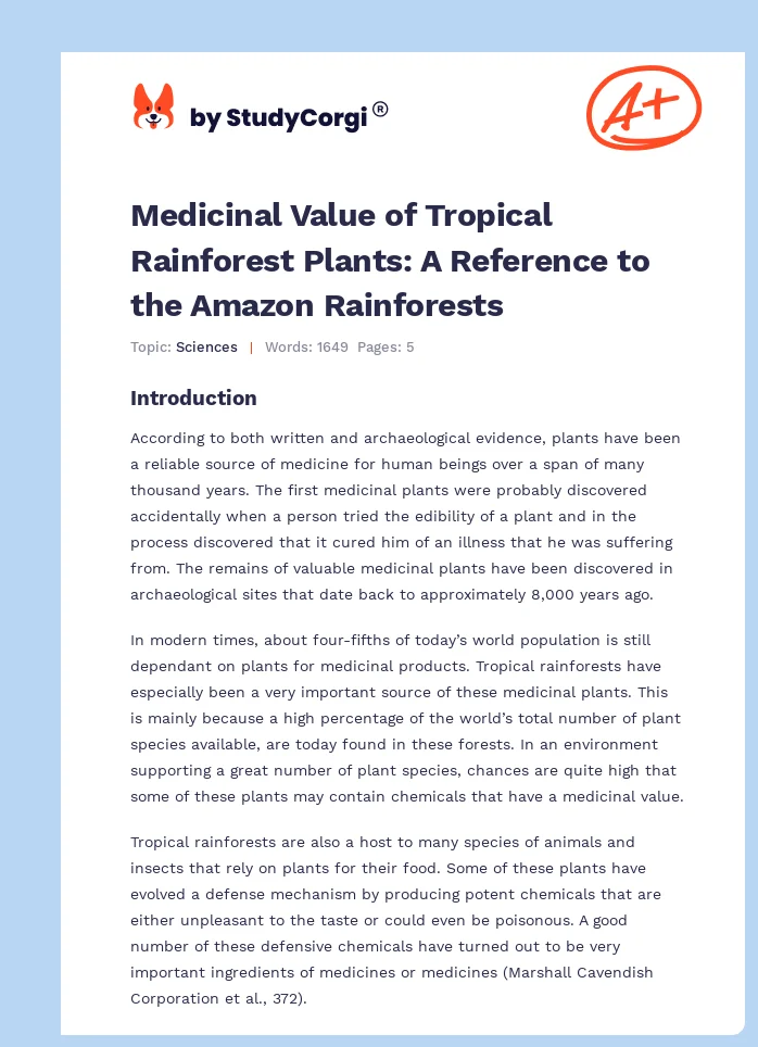 Medicinal Value of Tropical Rainforest Plants: A Reference to the Amazon Rainforests. Page 1