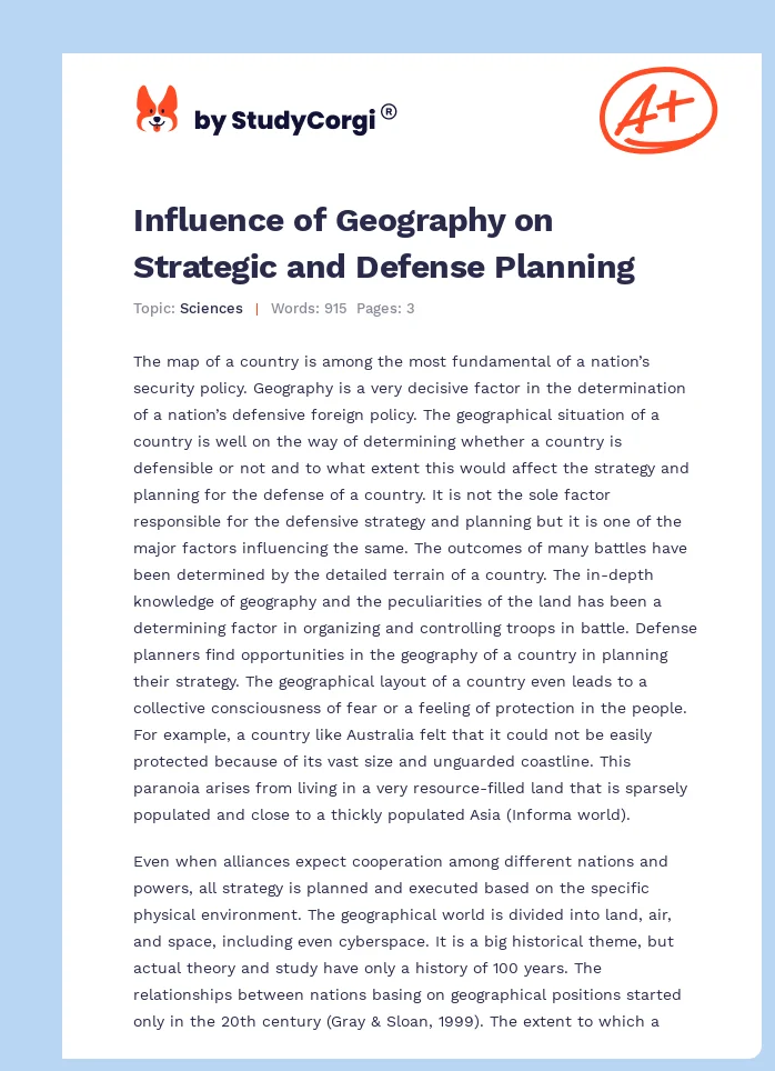 Influence of Geography on Strategic and Defense Planning. Page 1
