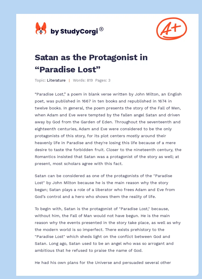 Satan as the Protagonist in “Paradise Lost”. Page 1