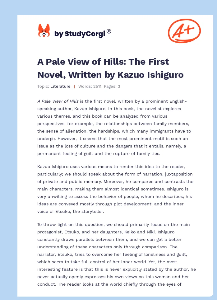 A Pale View of Hills: The First Novel, Written by Kazuo Ishiguro. Page 1