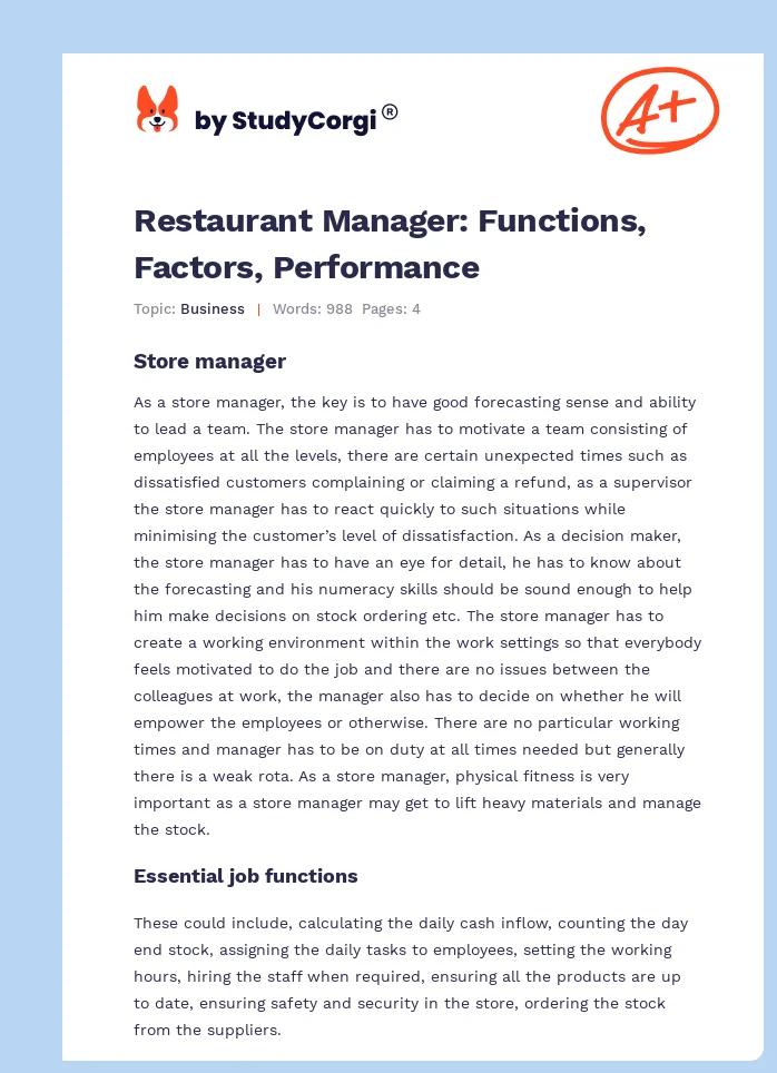 Restaurant Manager: Functions, Factors, Performance. Page 1