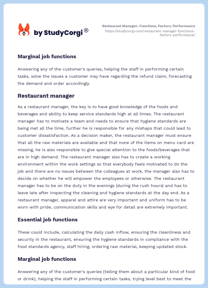 Restaurant Manager: Functions, Factors, Performance. Page 2