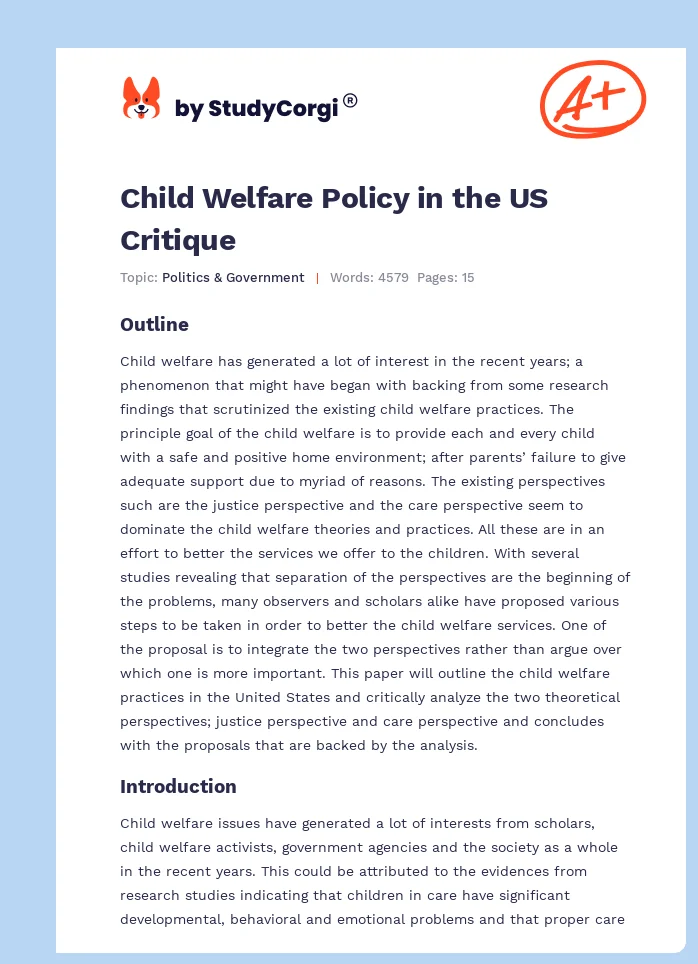 Child Welfare Policy in the US Critique. Page 1