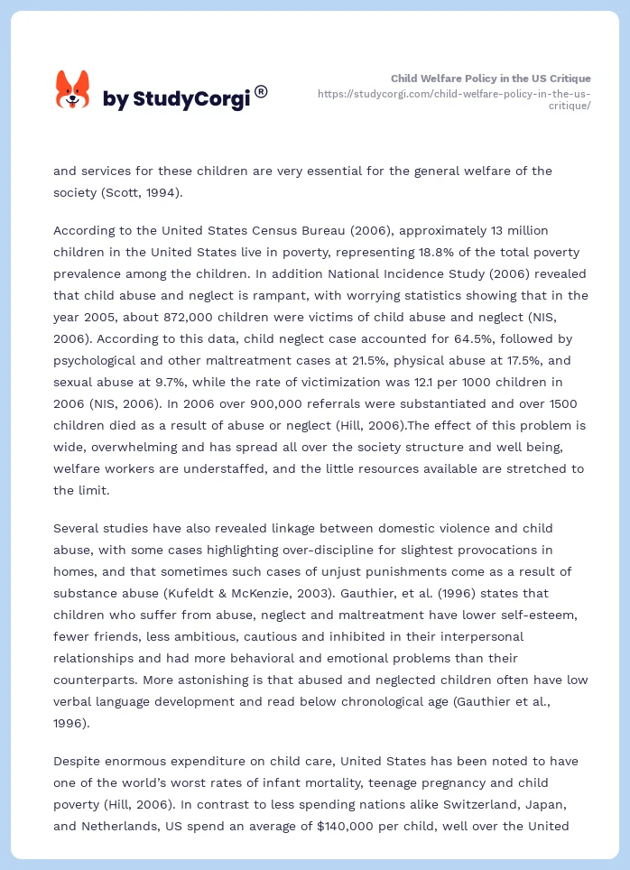 Child Welfare Policy in the US Critique. Page 2