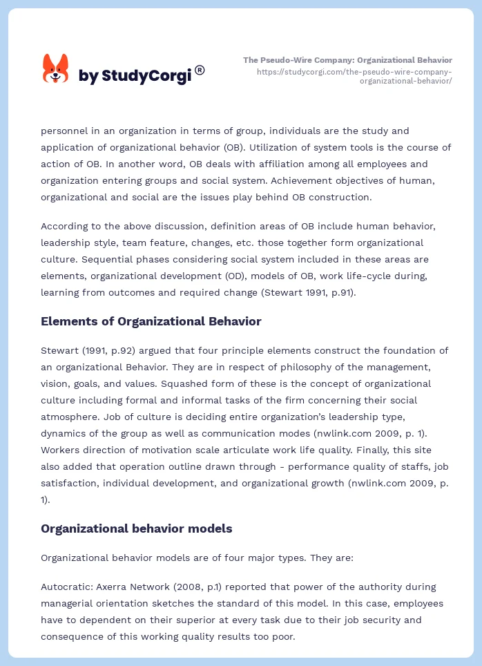 The Pseudo-Wire Company: Organizational Behavior. Page 2