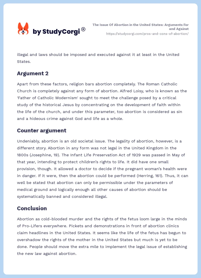 The Issue Of Abortion in the United States: Arguments For and Against. Page 2