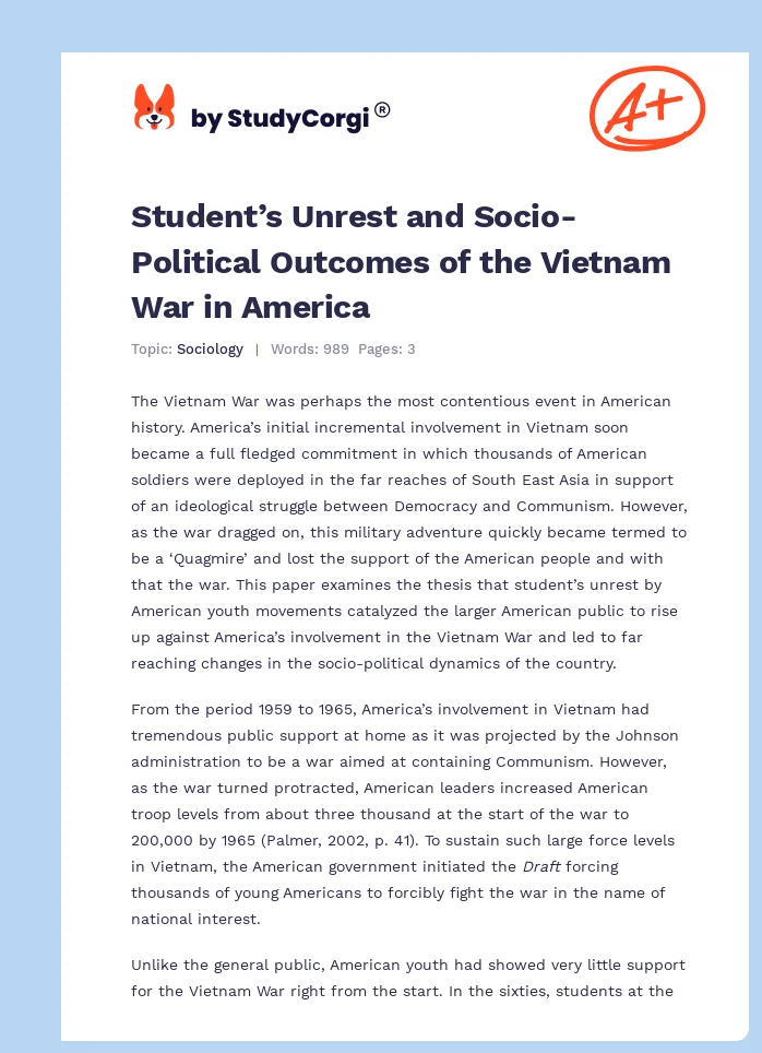 Student’s Unrest and Socio-Political Outcomes of the Vietnam War in America. Page 1