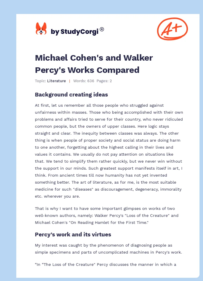 Michael Cohen's and Walker Percy's Works Compared. Page 1