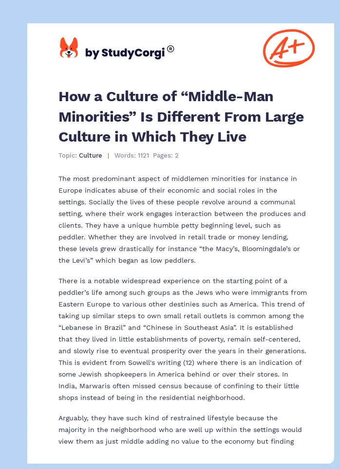 How a Culture of “Middle-Man Minorities” Is Different From Large Culture in Which They Live. Page 1