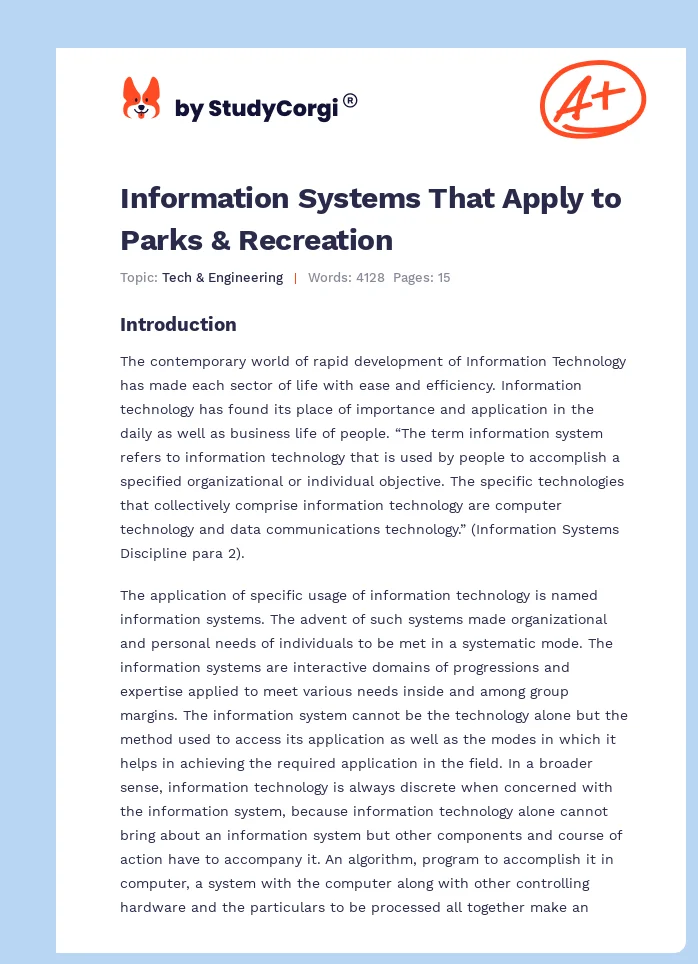 Information Systems That Apply to Parks & Recreation. Page 1