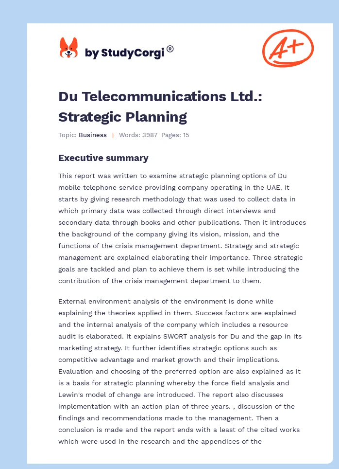 Du Telecommunications Ltd.: Strategic Planning. Page 1