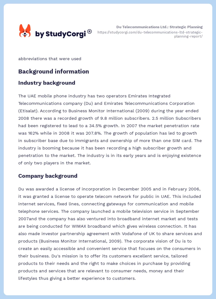 Du Telecommunications Ltd.: Strategic Planning. Page 2