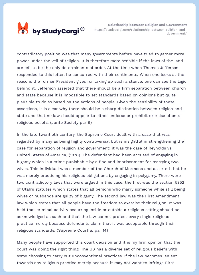 Relationship between Religion and Government. Page 2