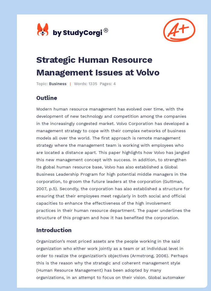 Strategic Human Resource Management Issues at Volvo. Page 1
