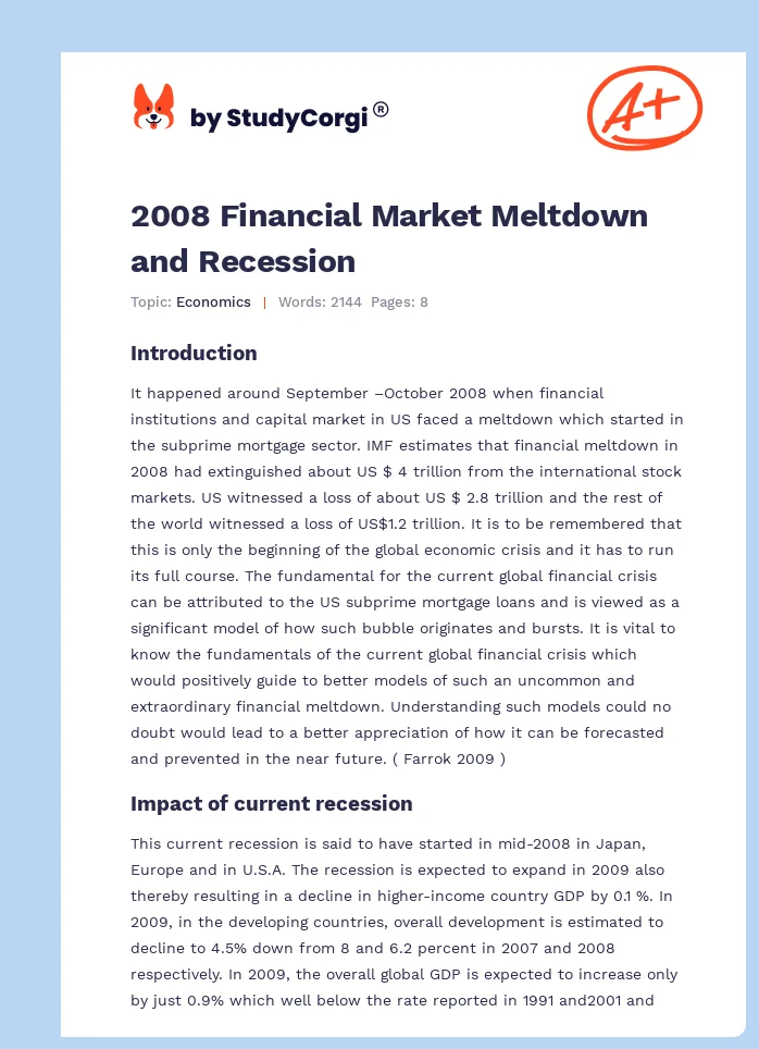2008 Financial Market Meltdown and Recession. Page 1