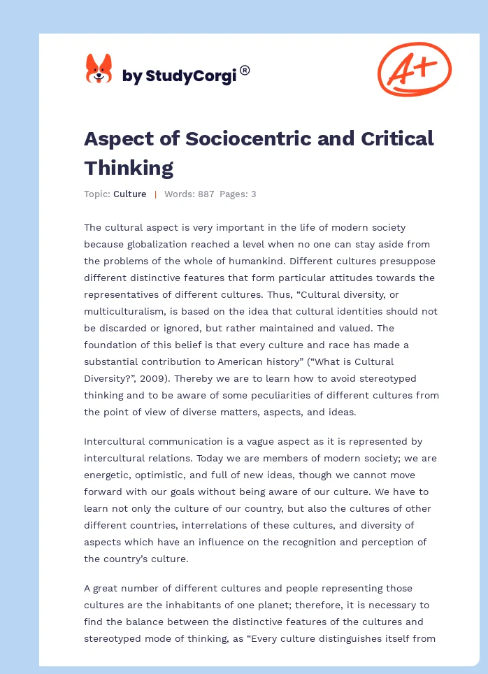 Aspect of Sociocentric and Critical Thinking. Page 1