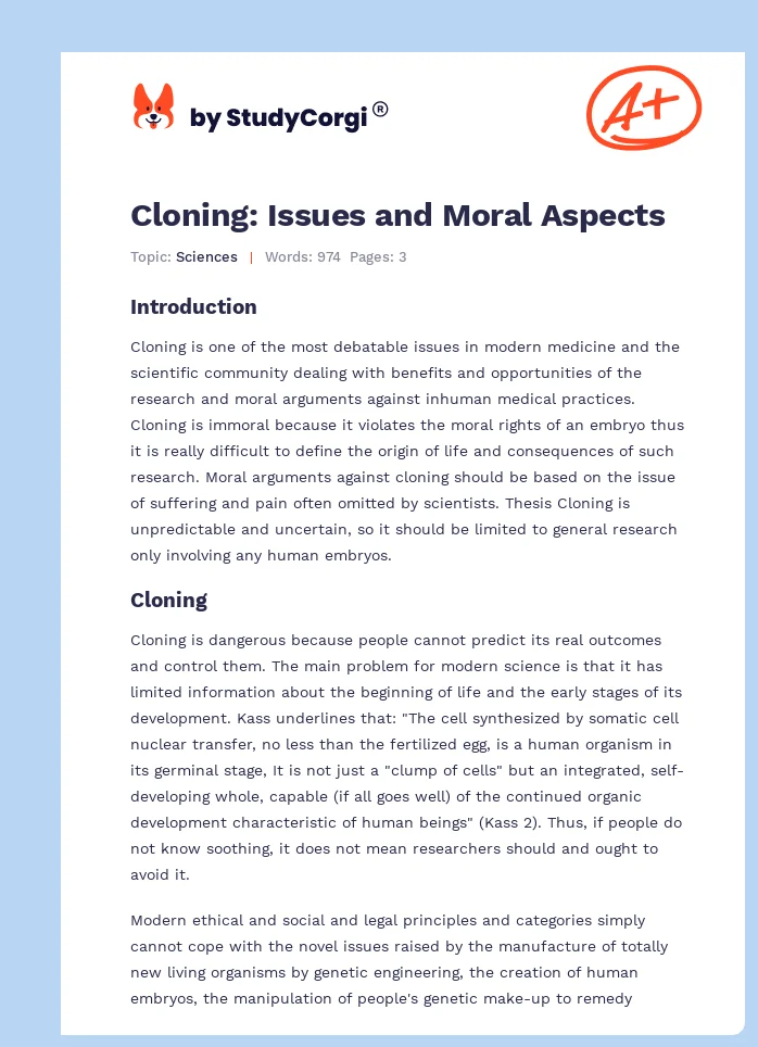 Cloning: Issues and Moral Aspects. Page 1