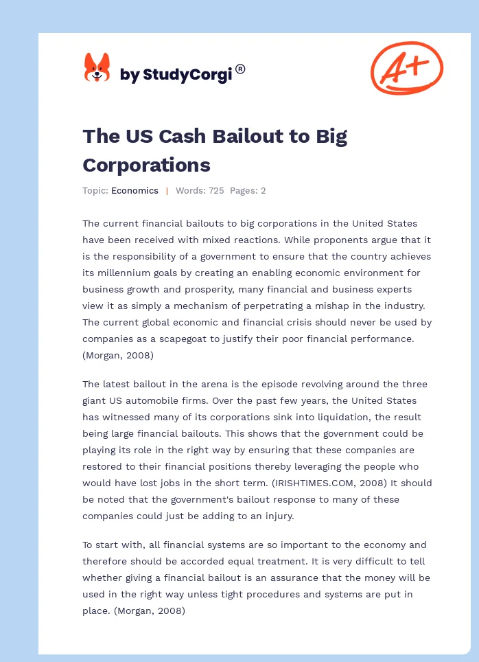 The US Cash Bailout to Big Corporations. Page 1