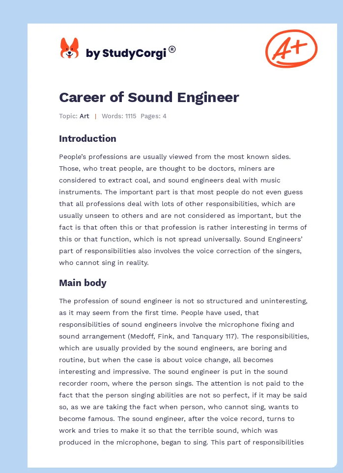 Career of Sound Engineer. Page 1