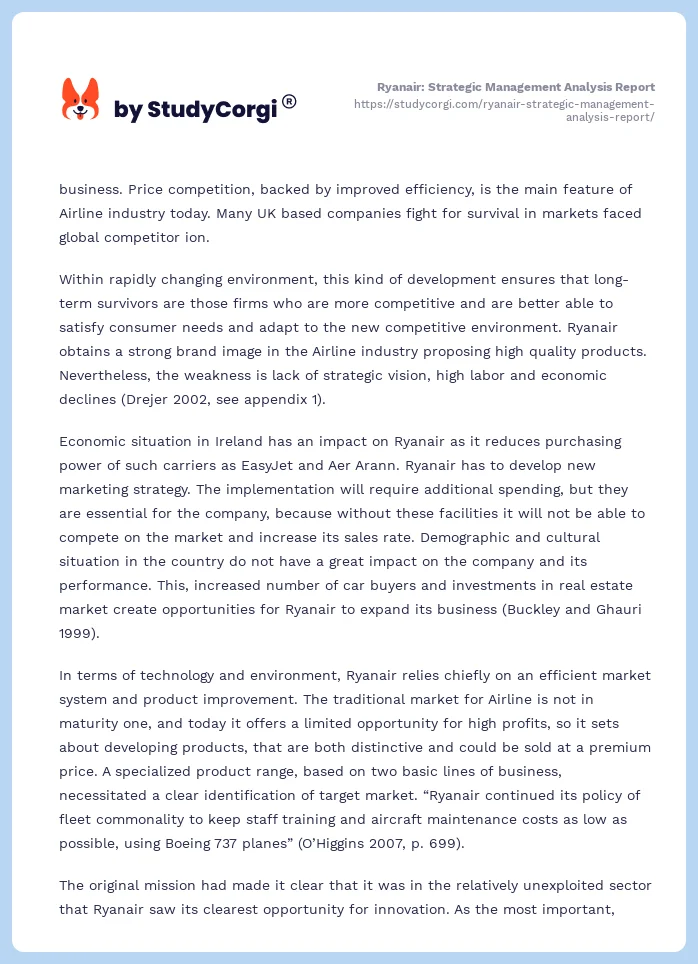 Ryanair: Strategic Management Analysis Report. Page 2