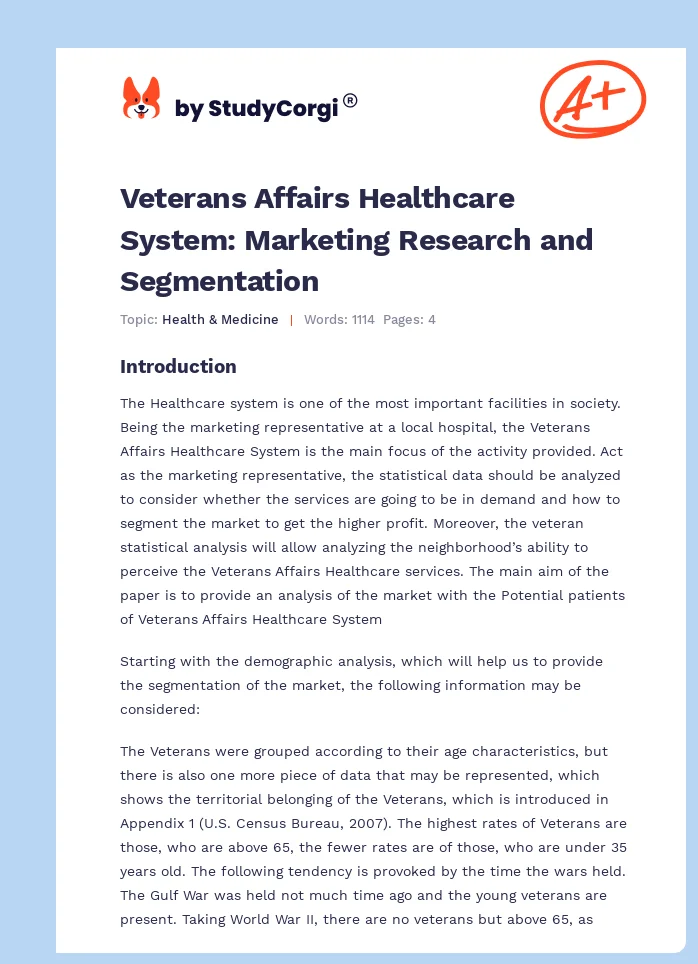 Veterans Affairs Healthcare System: Marketing Research and Segmentation. Page 1