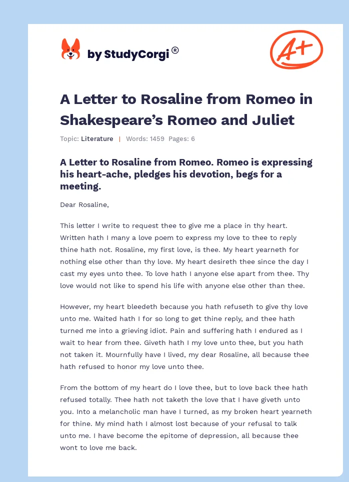 A Letter to Rosaline from Romeo in Shakespeare’s Romeo and Juliet. Page 1