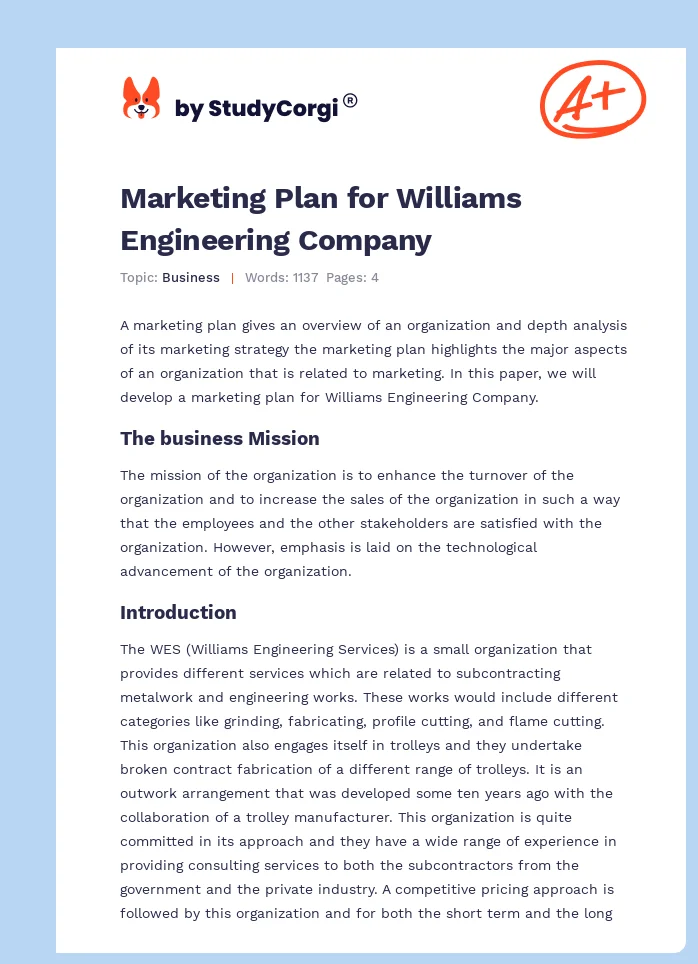 Marketing Plan for Williams Engineering Company. Page 1
