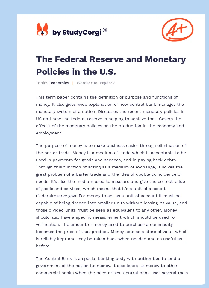 The Federal Reserve and Monetary Policies in the U.S.. Page 1