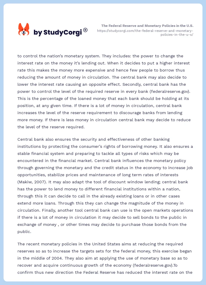 The Federal Reserve and Monetary Policies in the U.S.. Page 2