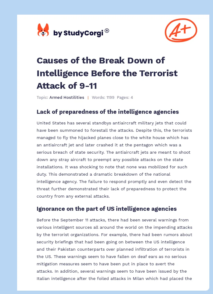 Causes of the Break Down of Intelligence Before the Terrorist Attack of 9-11. Page 1