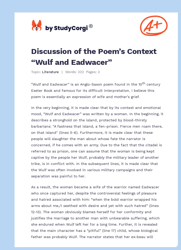 Discussion of the Poem’s Context “Wulf and Eadwacer”. Page 1