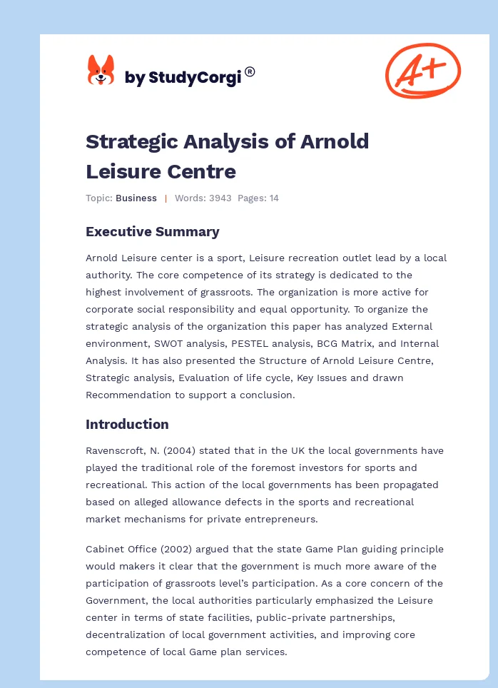 Strategic Analysis of Arnold Leisure Centre. Page 1
