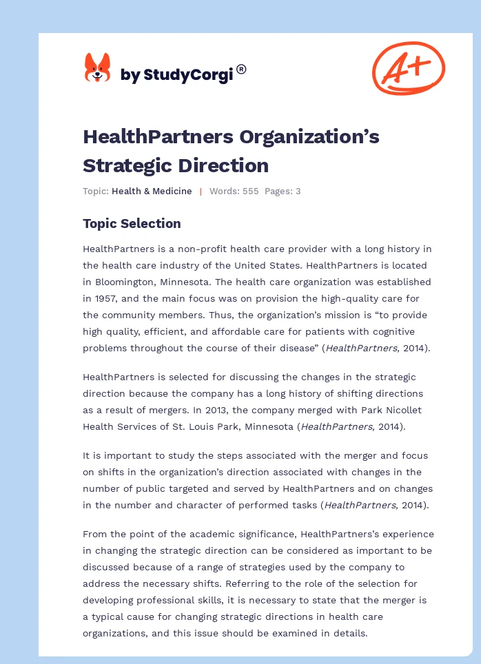 HealthPartners Organization’s Strategic Direction. Page 1