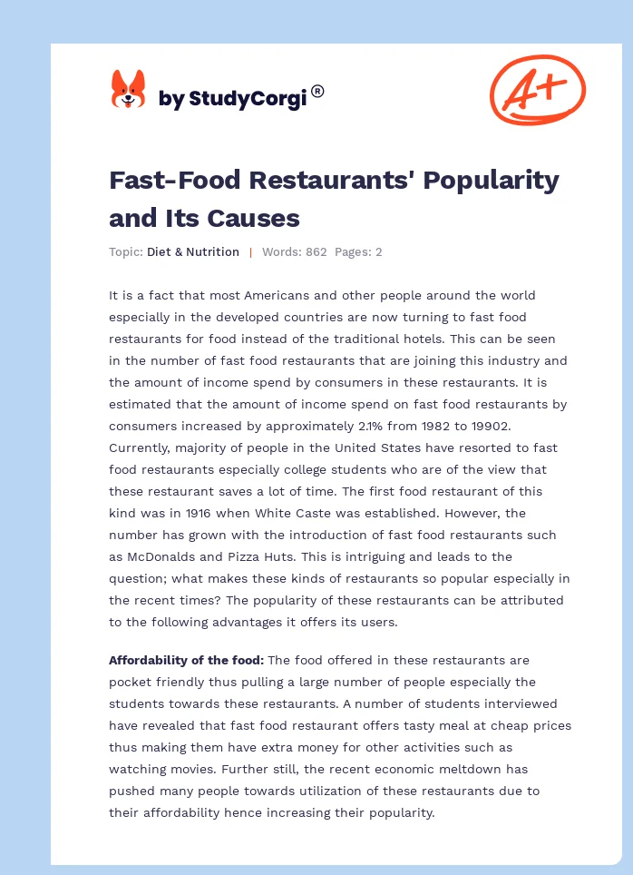 Fast Food Restaurants Popularity And Its Causes Free Essay Example