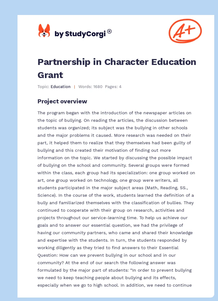 Partnership in Character Education Grant. Page 1