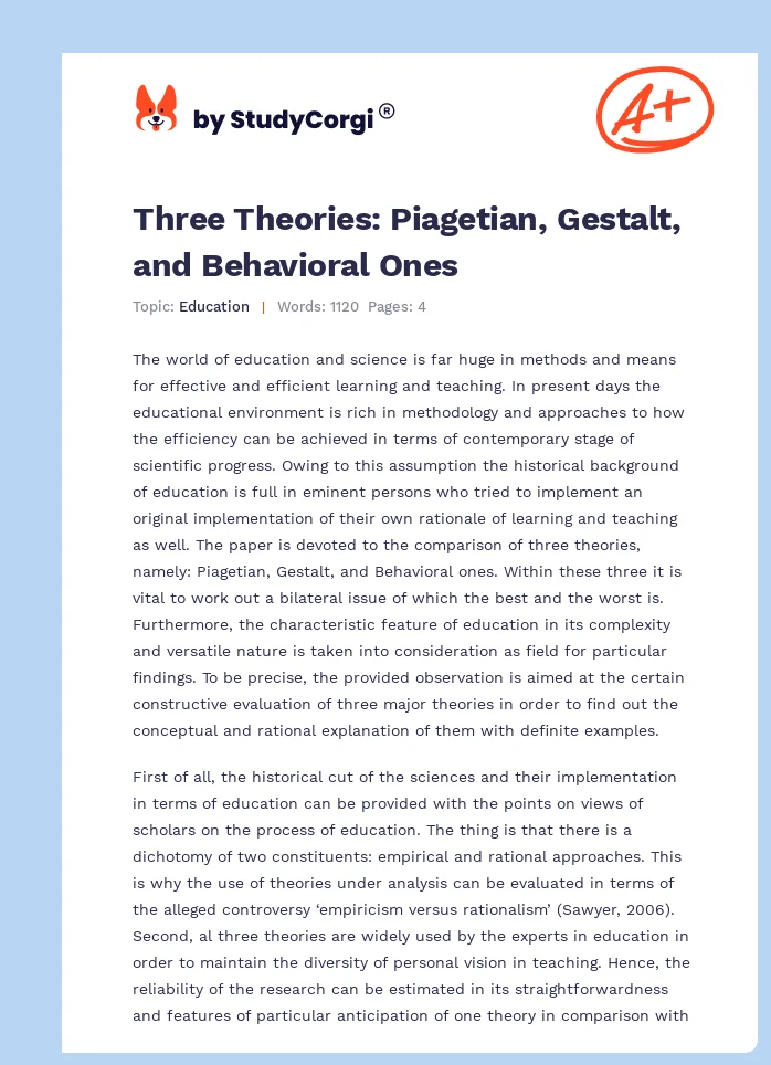 Three Theories: Piagetian, Gestalt, and Behavioral Ones. Page 1