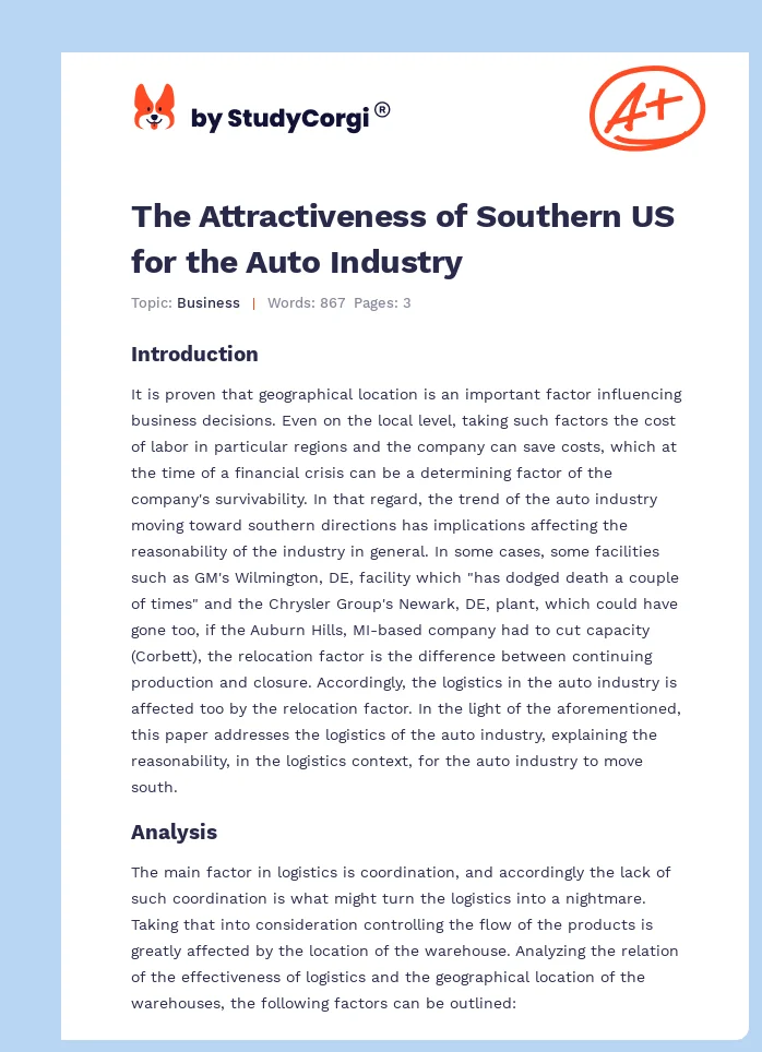 The Attractiveness of Southern US for the Auto Industry. Page 1