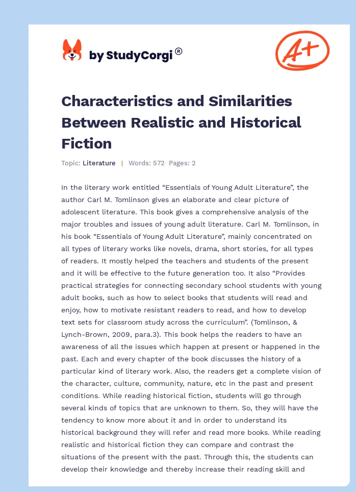 Characteristics and Similarities Between Realistic and Historical Fiction. Page 1