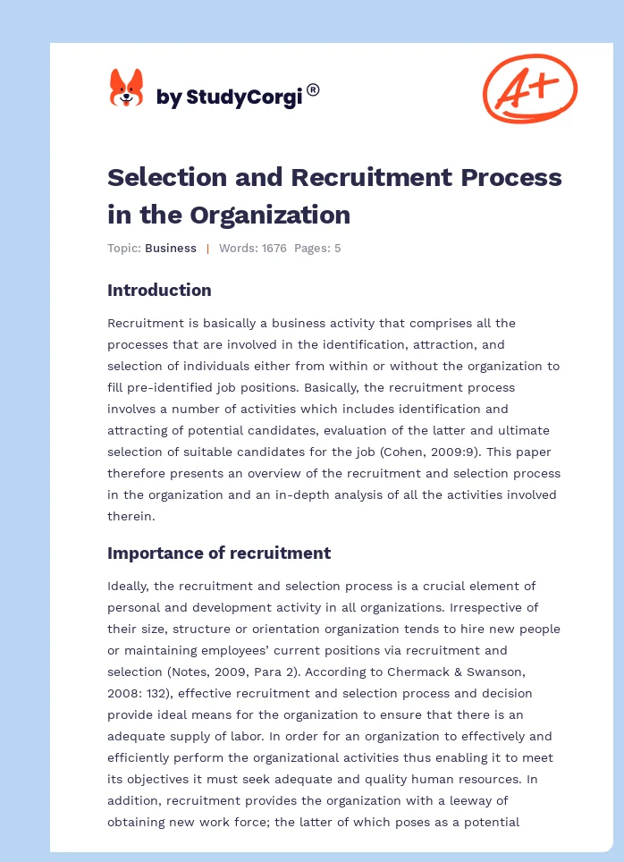 Selection and Recruitment Process in the Organization. Page 1